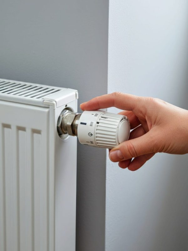 A hand adjusting a thermostat on a white radiator
